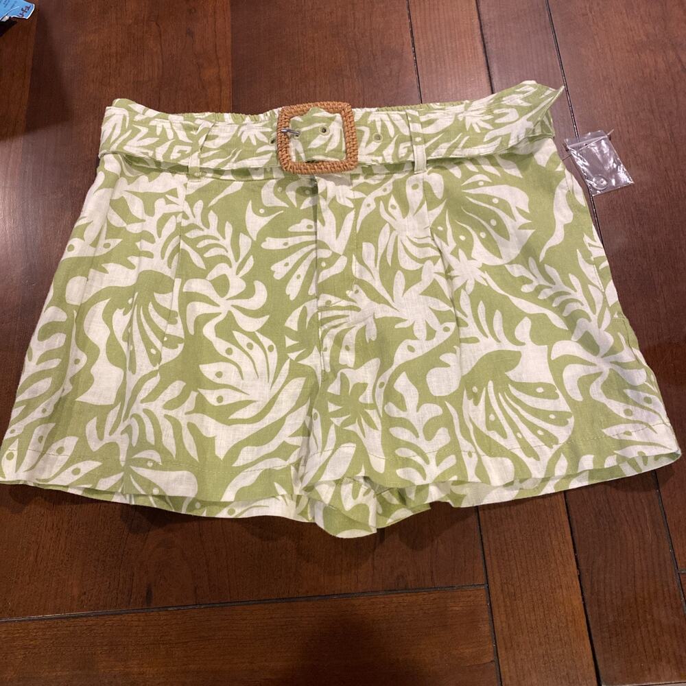 RACHEL ZOE 100% Linen Flax High Waist Green Leave Pocket Shorts Belt Resort Sz M